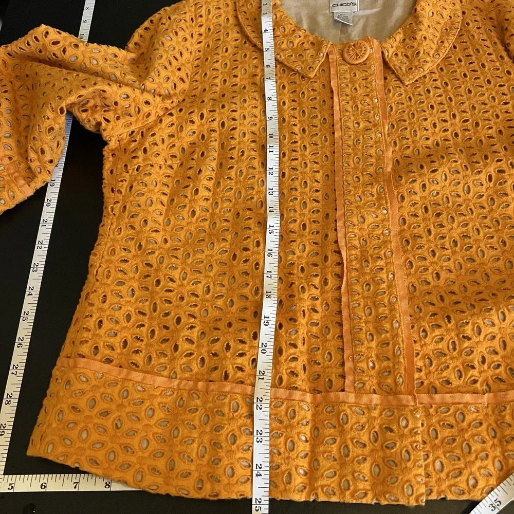 Chico's Orange Blossom‎ 3 Eyelet Linen Blend Jacket Coat Collared Floral Bright